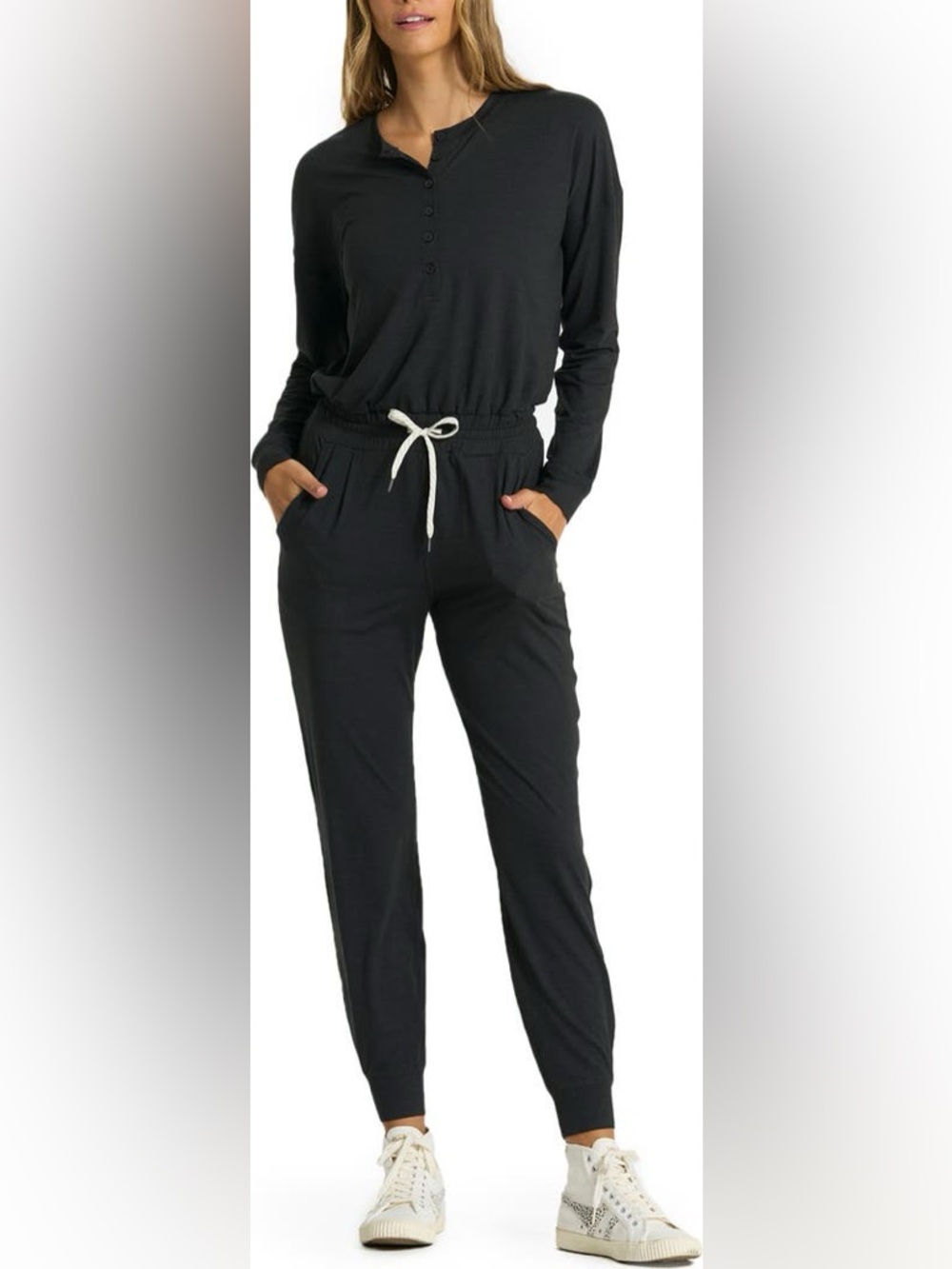 Vuori Liz Henley Charcoal Long-Sleeve Drawstring Jumpsuit